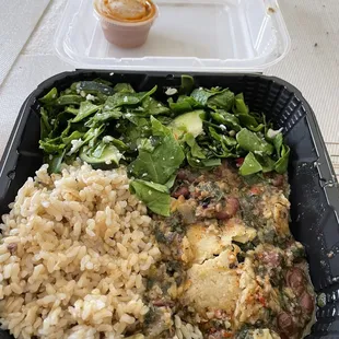 Veggie enchiladas , brown rice and side salad