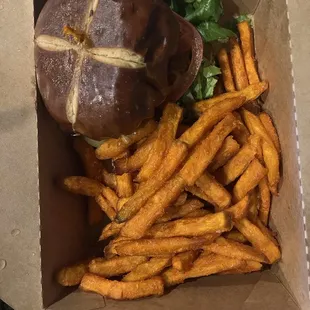 Issa vibe burger and sweet potato fries