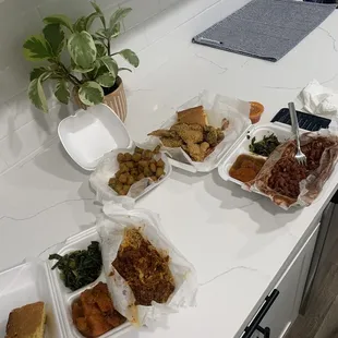 Lasagna plate-candied yams, cooked greens, &amp; cornbread. Side of fried okra. Red Beans plate- candied yams, cooked greens, fried mushrooms