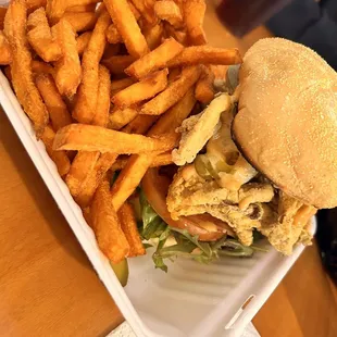 Fried oyster mushroom burger with sweet potato fries