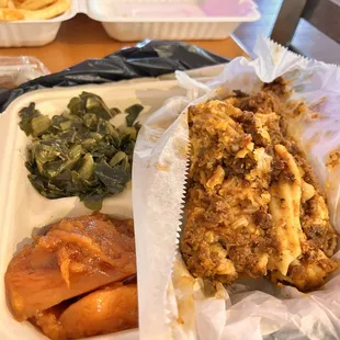 Vegan Lasagna with candied yams and collard greens