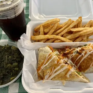 This is a Buffalo Wrap made with Oyster Mushrooms. It came with fries, but I had to try the Collard Greens as well.