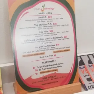a menu on a shelf