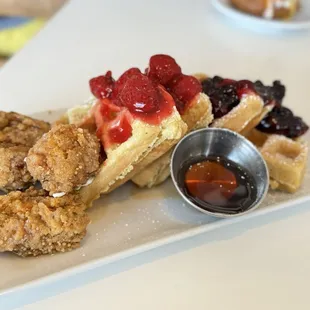 Chicken and Waffles $19.99 In house made waffles with tofu chik&apos;n with maple syrup, strawberry &amp; blueberry syrup