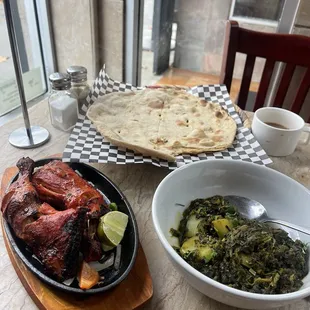 Chicken Tandoori,  aaloo saag, roti.