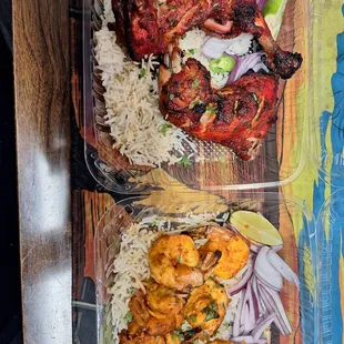 Tandoori Chicken and Tandoori Shrimp. Both seasoned to be spicy.