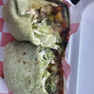 Cheesesteak, veggies with a jerk-style sauce.