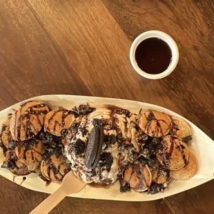 Mini pancake plate (cookie swirl ice cream topped with chocolate fudge and gluten free Oreo pieces and syrup for the pancakes)