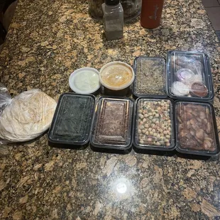 spinach, Bulgur n Lentils w/ Onions, Chickpea Salad, butter beans, falafel, curried bulgur, lentil soup, chive hummus