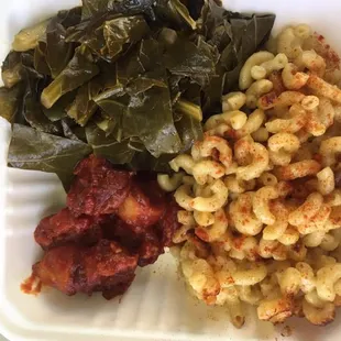 Greens, Vegan Mac n Cheese, Vegan BBQ link