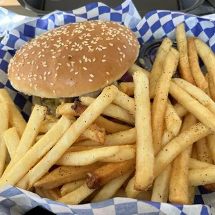 New Mexico Impossible Burger (that means green chilies among other condiments) and fries.