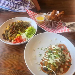 Vegan cheese Chile relleno, vegan chick'n strips and loaded fries with vegan cheese, seitanand green chili! Yummy
