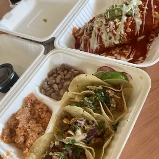 Hella Good Tacos with seitan asada and jackfruit carnitas and the NewMexiCali Burrito with seitan asada.