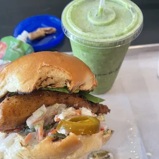 Fried Cod Fish Sandwich and Green-Ish