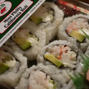 9pc California Roll with Cream Cheese $5. For that price not bad, and waaay better than dried out rolls in most grocery stores.