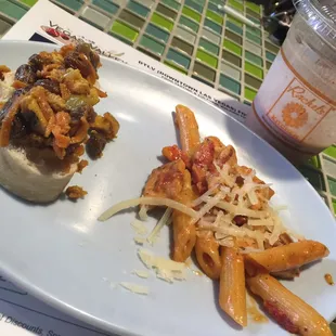 Curry salad with raisins on bread and chicken pasta.  Peanut butter smoothie was super delish