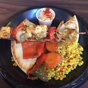 Hummus, cous cous with a chicken kabob. Very tasty