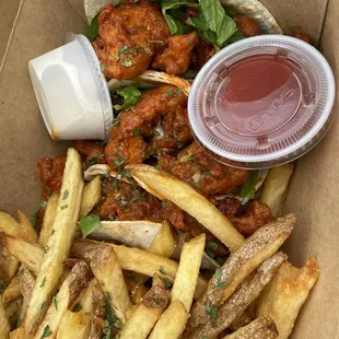 Buffalo Cauliflower Tacos with fries