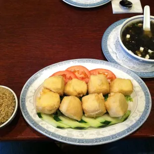 crispy tofu, brown rice, miso soup