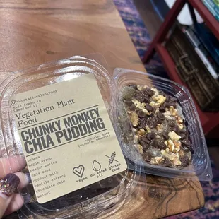 a container of chunk monkey chia pudding and a container of chunk monkey chia pudding