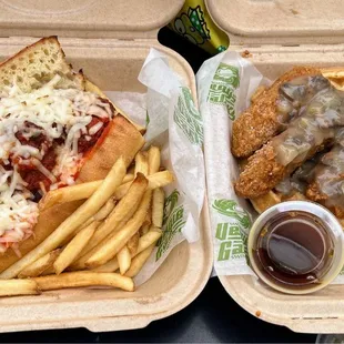 Meatball sub ($17, fries +$2) and chick&apos;n and waffle ($17)