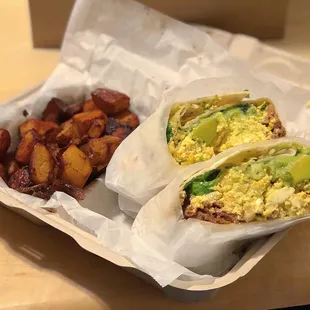 Southwest Burrito with scrambled tofu and vegan cheese sauce