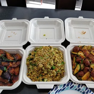 From left to right: Garlic basil eggplant, curry fried brown rice, black pepper veggie chicken