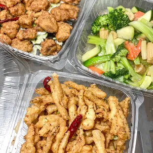 Salt and Pepper Fresh Mushrooms (they look like little fried fish), mixed veggies, and Salt and Pepper Vegan Chicken
