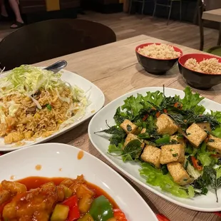 Tomyam fried rice on the left and salt n pepper tofu on the right