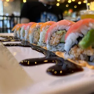 a long row of sushi rolls