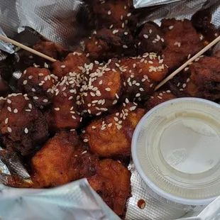 Buffalo chicken bites but when I got home I decided to put sweet baby writes on it it was good both ways