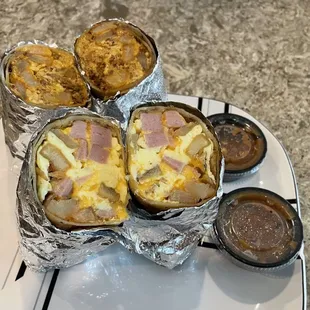 Chorizo &amp; egg and Spam &amp; egg breakfast burritos! Both has potatoes and cheese. $10.98 for both ($5.49ea) Best deal in Maricopa!