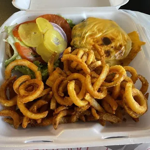 8oz Cheeseburger (not a fan) and curly fries; even though I asked for crinkle cuts!