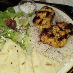 Chicken kabob plate.