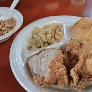 2 PC fried chicken, cabbage, black eyed peas