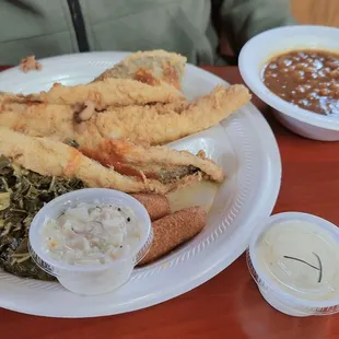 Whiting dinner with collards and bourbon baked beans.