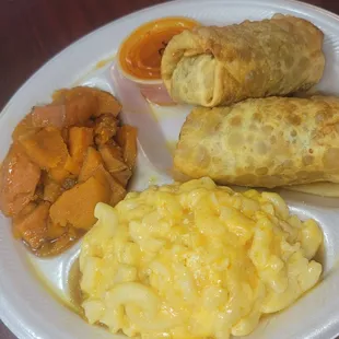 Soul rolls, Mac n cheese, candied yams