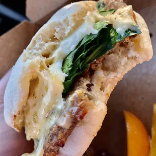 Egg muffin sandwich with Pepper jack, spinach and walnut Patty.