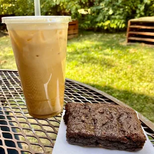 a brownie and iced coffee