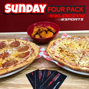 Two 1-Topping Pizzas, 8pc Wings, Four Drinks and Four 1-Hour Game Cards only $69 on Sundays
