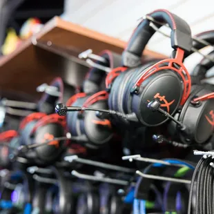 a rack of headphones