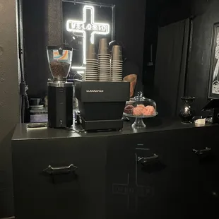 Inside the shop - custom black single group head La Marzoco machine. Beautiful!