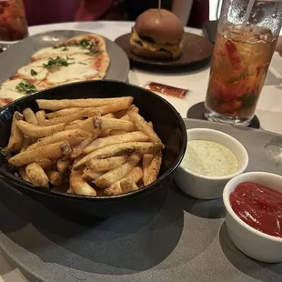 Duck fat fries. Margherita flatbread. Burger. Strawberry Fields Mojito.