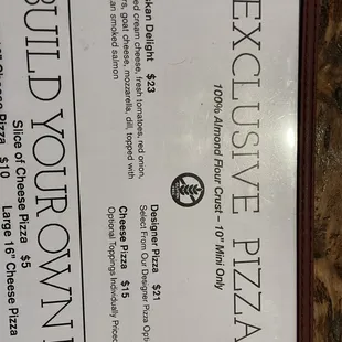 Menu Gluten Free Pizza uses Almond Flour Crust