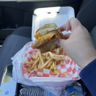 a person holding a sandwich and french fries