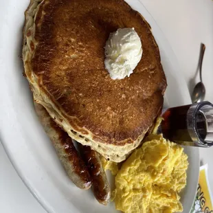 Pancakes, eggs and sausage, pretty yummy and worth the price. Orange juice on the side. Was good.