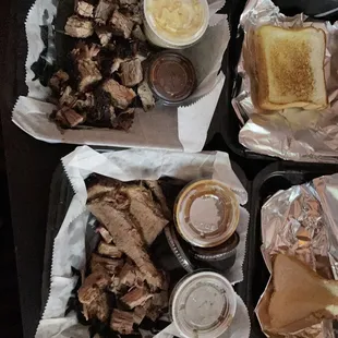 Burnt end, brisket, BBQ Baked Beans, green beans, garlic toast