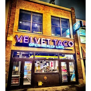 Velvet Taco. W Randolph St.Location.Nice Variety Beef Chicken Pork Fish Vegan Tacos. Pretty Pretty Good! Beer &amp; Margaritas! Cool!