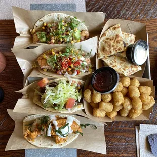 #17 Mexi-Cali Shrimp, #15 Grilled Salmon, #10 Kobe Smash Burger, #3 Spicy Tikka Chicken, Kid&apos;s Chicken Quesadilla, and Kid&apos;s Tots