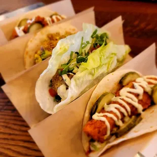 Nashville Hot chicken, falafel taco